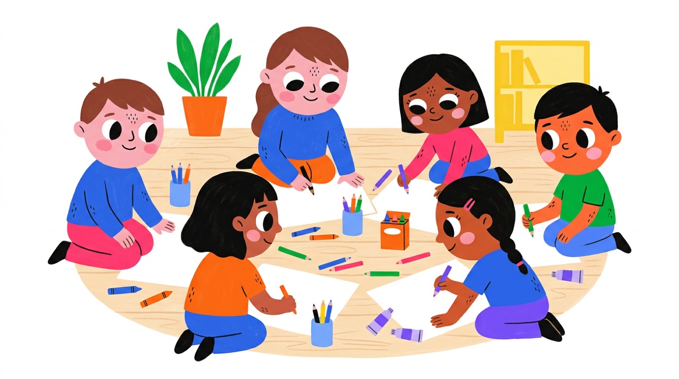 Illustration of kids drawing together on the floor