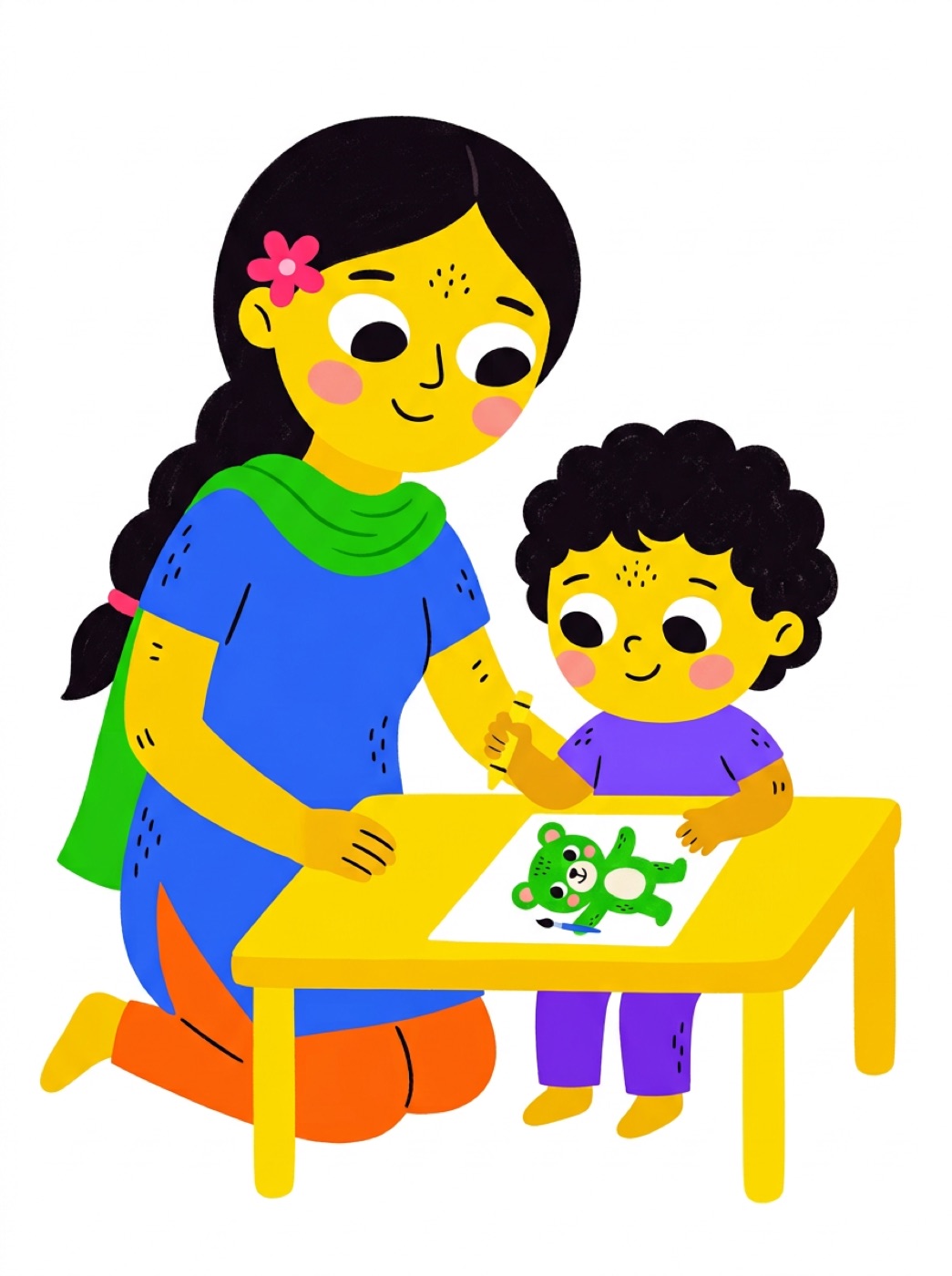 Illustration of a teacher helping a child draw